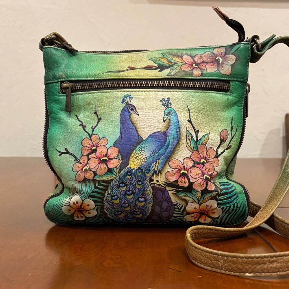 Anuschka Green Adjustable Crossbody Bag with Peacock and Floral‎ Art - Picture 4 of 16